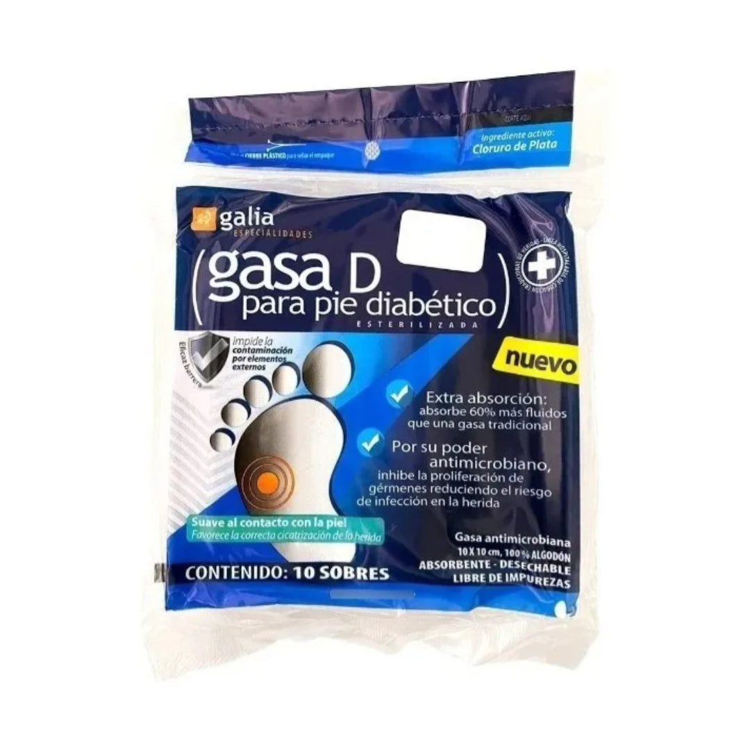 GASA COMPUESTA "D" PARA PIE DIABÉTICO (Galia) Estéril 10x10cm. Bolsa c/10 Sobs.