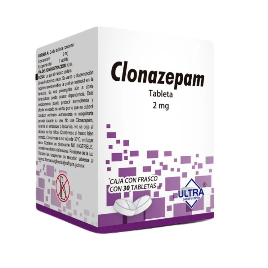 CLONAZEPAM 2 MG 30 TABLETAS GENÉRICO ULTRA LAB RX.